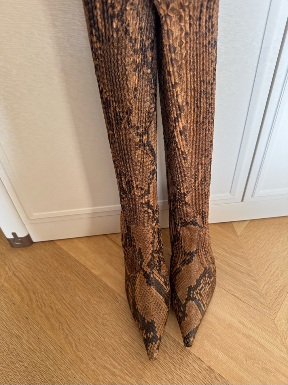 Giorgio Armani Brown & Black Snake-Print Over-the-Knee Pointed Boots